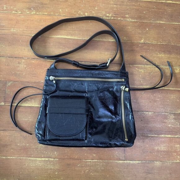 HOBO Crossfire Black Leather Crossbody Messenger Bag Shoulder Bag Boho 90s Y2K - Picture 1 of 14